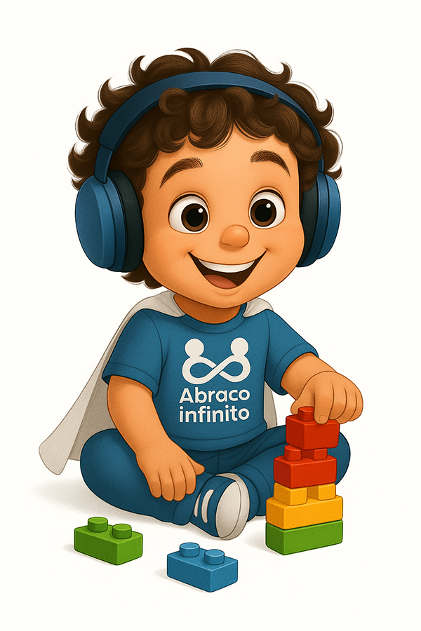 Abraço com fones de ouvido, brincando com blocos coloridos