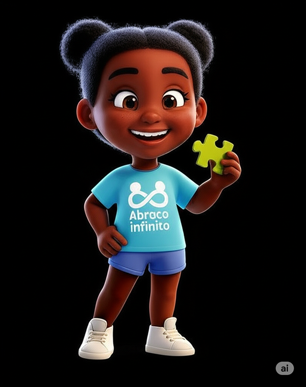 Lica, personagem 3D do curso — menina autista de coque segurando peça de quebra-cabeças